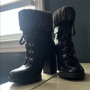 Sam Edelman Black Lace-Up Boots with Knit Cuff
